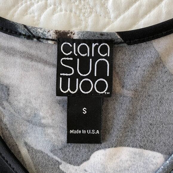 Clara Sun Woo Scoop Neck Tunic Black Grey Leaf Blouse Split Hem 3/4 Sleeve Small - Picture 6 of 7